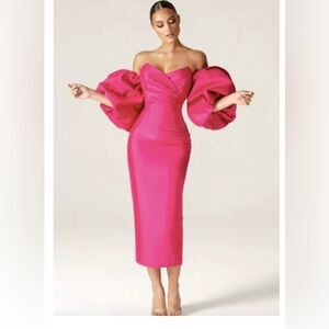 Alieva Tiffany Dupioni Strapless Sheath Midi Dress Hot Pink Small